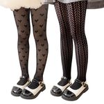 LOLANTA 2 Pairs Girls Patterned Fishnet Tights, Hollow Out Lace Pantyhose for Halloween Cosplay Party, Black Heart+Black Wheat, 8-12 Years, L