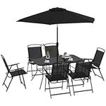 Outsunny 8 Piece Patio Dining Set for 6 with Umbrella, Outdoor Table and Chairs with 6 Folding Chairs with Mesh Seat and Rectangle Dining Table with Umbrella Hole, Black