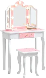 XNKL Kids Vanity Table and Chair Set, Princess Girls Vanity with 3-Color LED Lighted Mirror and Stool, Toddler Vanity Set with Drawer for Little Girls, Pink