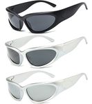 Long Keeper 3 Pair Wrap Around Sunglasses - Sport Driving Sunglasses Futuristic Trendy Vintage SunGlasses UV400 for Men Women (BlackBlack+SilverSilver+SilverGrey)