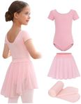 Mecceos Ballet Leotards with Skirt Tights Combo for Toddler Girls Dance Short Sleeve Leotard Ballerina Dresses Outfits (Ballet Pink, 8-10 Years, MEAM-321)