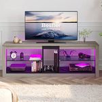 Bestier RGB TV Stand for 65+ Gaming Entertainment Center Gaming LED TV Media Console Table with 2 Glass Shelf PS Gaming TV Cabinet for Living Room, Gray Wash