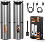 VOXON Electric Salt and Pepper Grinder Set, USB Rechargeable Pepper Grinder, Stainless Steel Pepper Mill with 5 Adjustable Coarseness Levels & LED Light, Salt and Pepper Sets for Home, Kitchen, 2 Pcs