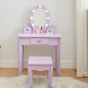 Garvee Kids Vanity Set, Pretend Play Girls Vanity Table and Chair Set with Lighted Mirror, Stool, and Wood Makeup Playset, Purple