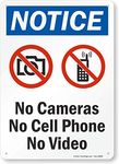 SmartSign Plastic Sign, Legend"Notice: No Cameras No Cell Phone No Video" with Graphic, 14" High X 10" Wide, Black/Blue/Red on White