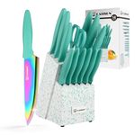 KATISUN Kitchen Knife Set with Block, 14 Piece Rainbow Titanium Coated Stainless Steel Knives Set, Anti-Rust and Dishwasher Safe, 12 Knives with Kitchen Shears and Block