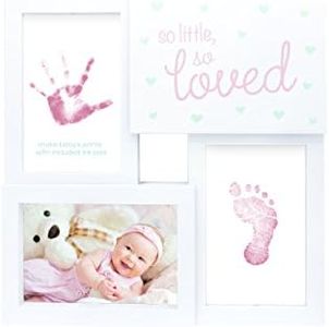 tiny ideas Baby Prints Collage Keepsake Frame With Included Ink Pad, Newborn Handprint And Footprint Nursery Decor, So Little So Loved, Pink/White