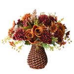 Artificial Faux Flowers in Vase, Silk Fall Flower Arrangements, Fake Rose Bouquets with Handmade Rattan Vase, Fall Table Decorations Centerpieces for Dinning Room Kitchen Office Desktop (Brown)