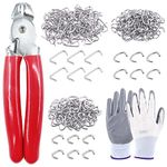 Keadic K879 242 Pcs 3/4 inch 1/2 inch 3/8 inch Galvanized Hog Rings with Straight Hog Ring Pliers, Professional Upholstery Installation Kit with Protective Gloves, Bungee Shock, Meat & Sausage Casings