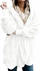 Zilcremo Women Hooded Cardigan Fuzzy Jackets Winter Open Front Fleece Coat Outwear with Pockets White M