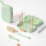 Suvast 7in1 Travel Bottle Cleaner kit,Baby Essentials, with Bottle Brush、Nipple Brush、Straw Cleaner Brush、Soap Dispenser、Bottle Drying Rack、Drainage Tray、Storage Box,Baby Travel Essential (Green)