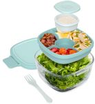 Bentgo Glass All-in-One Salad Container - Large 61-oz Salad Bowl with Lid, 4-Compartment Bento-Style Tray, 3-oz Sauce Container & Reusable Fork - Dishwasher, Microwave, Oven Safe (Coastal Seaglass)