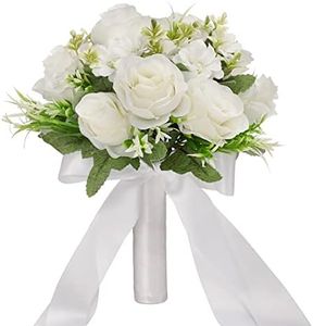 CYANLUX Wedding Bouquets for Bride Bridesmaid Bouquet Champagne White Artificial Roses Flowers for Wedding Valentine's Day Church Home Decoration (White)…