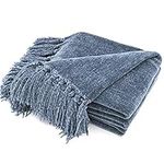 RECYCO Chenille Throw Blanket with Tassels Soft Cozy Sofa Chair Bed Gift, 152x127cm, Dusty Blue