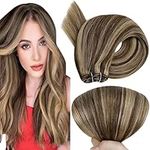 Hetto Remy Hair Weft Extensions Light Brown with Blonde Hair Extensions Weft Human Hair Short Weft Human Hair Extensions Brown Straight Invisible #4/27 12Inch 70 Grams