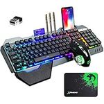 Wireless Gaming Keyboard and Mouse with Rainbow LED 16RGB Backlit Rechargeable 4800mAh Battery Metal Panel Mechanical Ergonomic Feel Waterproof Dustproof 7 Color Mute Mice for Laptop PC Gamer(Black RGB)