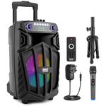 Pyle PA System Party Speaker 10 Inch Bluetooth Speaker 680W with Wireless Microphone, Portable Karaoke Speaker with LED Lights, Rechargeable Battery and Wheels