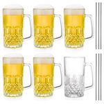 Frcctre 6 Pack 16 Oz Glass Beer Mug, Large Beer Glasses Steins with Handle and Stainless Steel Straws, Crystal Lead-Free Drinking Glasses Water Cups for Beer, Juice, Beverage, Bar