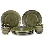 Bodhi House Handcrafted Stoneware Embossed Dinner Set Ceramic Set of 12 Pcs - 6 Dinner Plates and 6 Bowl/Katori | Microwave and Dishwasher Safe | Serving for 6 – Moss Green