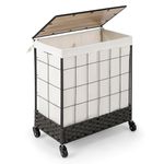 COSTWAY Laundry Basket on Wheels, 110L/130L Woven Rattan Laundry Hamper with Wooden Lid and Removable Liner Bag, Metal Frame 2-Compartment Laundry Sorter Dirty Clothes Bin Washing Basket (56x33x67cm)