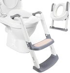 HengLiSam Potty Training Toilet Seat with Step Stool Ladder,Sturdy Foldable Adjustable Potty Chair with Soft Anti-Cold Padded Seat and Non-Slip Wide Steps for Toddler and Kids（Grey）