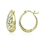 Yellow Gold Flashed Sterling Silver Two-Tone Diamond-cut Filigree Swirl Small Hoop Earrings