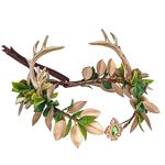 MOSTORY Handmade Antler Fairy Crown Gold Green Leaf Headpiece Deer Horns Elf Headband Woodland Elven Circlet for Women Adults Cosplay Costume Hair Accessories Wedding Bridal Maternity Shoot Proms