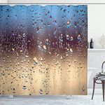 Ambesonne Rain Shower Curtain, Close up Rain Drops on Glass Natural Sprays Sphere Contrasting Colors Picture, Cloth Fabric Bathroom Decor Set with Hooks, 69" W x 70" L, Blue Tan Brown