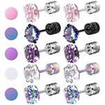 Zuimei 5 Pair Titanium Earrings for Women Men Surgical Steel Screw Back Earrings Hypoallergenic Stud Earrings Rainbow 5A Cubic Zirconia Double Side Earrings Sleeper Earrings