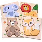 Airlab Wooden Puzzles for Toddlers 1-3 Year Old Animals Shapes Jigsaw Puzzle Montessori Toys for Kids Educational Preschool Learning Gifts for Baby Boys Girls 4 Pack with Drawstring Bag