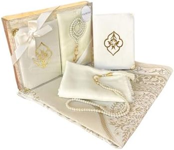 Generic SAJADAH Muslim Prayer Rug Set - 4 in One Islamic Gifts Set, Prayer Mat, Prayer Beads, Hijab, Surahs Book, Hajj Umrah Gift for Women, Ramadan Gifts Set for Muslim, Islam Eid Gift (Cream)