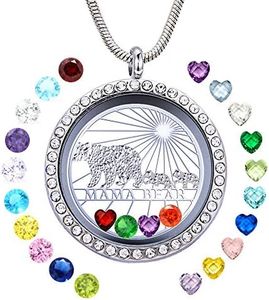 Veeshy Mama Bear Necklace with Two 2 Cubs Necklace for Women, Floating Locket Pendant with 24 Birthstones & Charms for Mummy Mother Family Mom Grandma