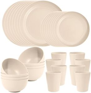 LIYH 32pcs Wheat Straw Dinnerware Set for 8, Plastic Plates and Bowls Set, Unbreakable Dishes Set for 8, Dishwasher & Microwave Safe Reusable Beige