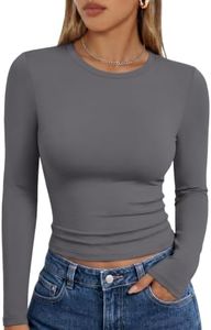 Trendy Queen Womens Long Sleeve Shirts Basic Crop Tops Tight Slim Fit Cute Teen Girls Fall Winter Y2k Clothes Light Gray L