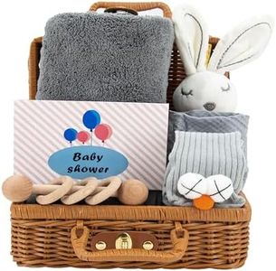 7-in-1 Set de Regalo para Bebé Recién Nacido, Niños Niñas Personalizados Cesta para Baby Shower, con Bebe Muselina, Babero Bandana, Sonajero, Toalla de baño, Manta de seguridad, Calcetines, Gris