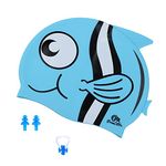 Primalite Swim Caps for Kids- Aged 3-12, Happy Fish Cartoon Design, Silicone Waterproof Comfy Bathing Cap Swimming Hat for Long & Short Hair, Waterproof Stretchy for Children, Boys & Girls- Blue