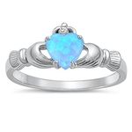 Blue Simulated Opal Unique Claddagh Promise Ring .925 Sterling Silver Band Size 9