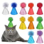 10 Pieces Cat Birthday Hat, Mini Party Hats, Colorful Dog Birthday Hat, Cute Cone Cat Party Hat, Dog Hats with Pompons, Adjustable Party Hats for Puppy Kitten Rabbit Small Animals Costume Accessories