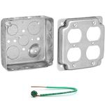 (Pack of Box and Cover) AP-12088, 4" Square Electrical Box, 2-Gang Duplex Receptacle Exposed Work Cover, Crushed Corners, Drawn Construction, Ten 1/2", Six 3/4" Knockouts, Raised Ground, 1-1/2" Deep