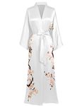 BABEYOND Kimono Dressing Gown Floral Printed Kimono Robe Long Satin Kimono Dress Cover Up for Women Wedding Pyjamas Party 135cm/53inches (White)