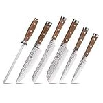 BGT 6Pcs Damascus Kitchen Knife Sets, Japanese 67 Layer High Grade VG-10 Damascus Steel Chef Knives, Teak Handle Professional Hammered Sharp Kitchen Knife Set with Knife Roll Bag