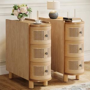 Tribesigns Solid Wood End Table, 3-Drawer Rattan Side Table, Night Stand with 3 Rattan Drawers and Exquisite Embossed Handles for Living Room, No Assembly Required (2, Oak)