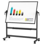 VIZ-PRO Double-Sided Magnetic Mobile Whiteboard, 120 x 90 cm, Black Aluminium Frame and Stand