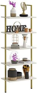 Wolawu 5 Tiers Ladder Shelf White Marble Modern Bookshelf Open Tall Wall Mount Bookcase Standing Leaning Wall Shelves Industrial Decorative