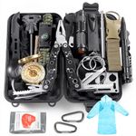 Graxury 16-in-1 Multi-Purpose Emergency Survival Kit & Camping Accessories, Flint, Multi-Purpose Card, Emergency Blanket, Flashlight and More for Camping, Fishing, Hunting