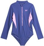 Reebok Girls' Rash Guard - UPF 50+ Quarter Zip Long Sleeve One Piece Bathing Suit - Monokini Swimsuit for Girls (S-XL), Purple, S