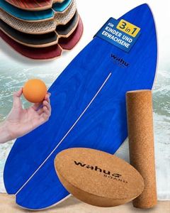 WAHU Balance Board Ocean Blue | 3in1 Set | Surf Balance Board aus 100% Holz mit Rocker Shape & Rolle | Gleichgewichtstrainer für Kinder & Erwachsene | Fitness & Spaß Zuhause