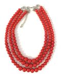 Womens Faux Pearl 3 Layer Multi Strand Gatsby Necklace Statement Bib Bead (Red)