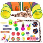 Retro Shaw Cat Toys Kitten Toys 33Pcs Assorted,Cat Play Tunnel for Indoor Cats,Cat Tube Tent Cat Wand Toy Springs Crinkle Sound Toy Mouse Rainbow Ball Cat Bell Pompom Sponge Feather Balls