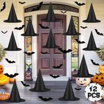 12 Pcs Halloween Witch Hats Black Hanging Costume with 24 Pcs 3D Bats Stickers for Halloween Cosplay Party Decoration